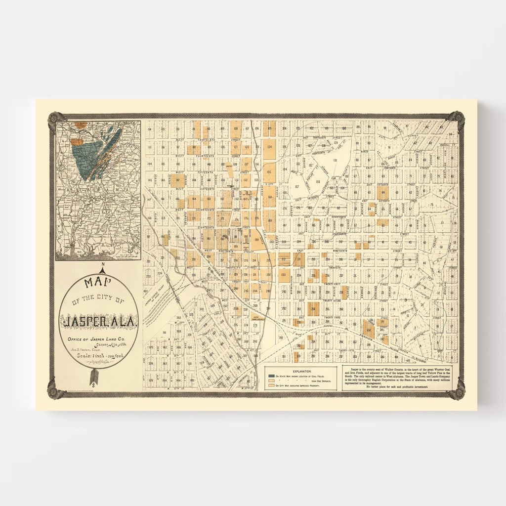 Vintage Map of Jasper, Alabama 1891