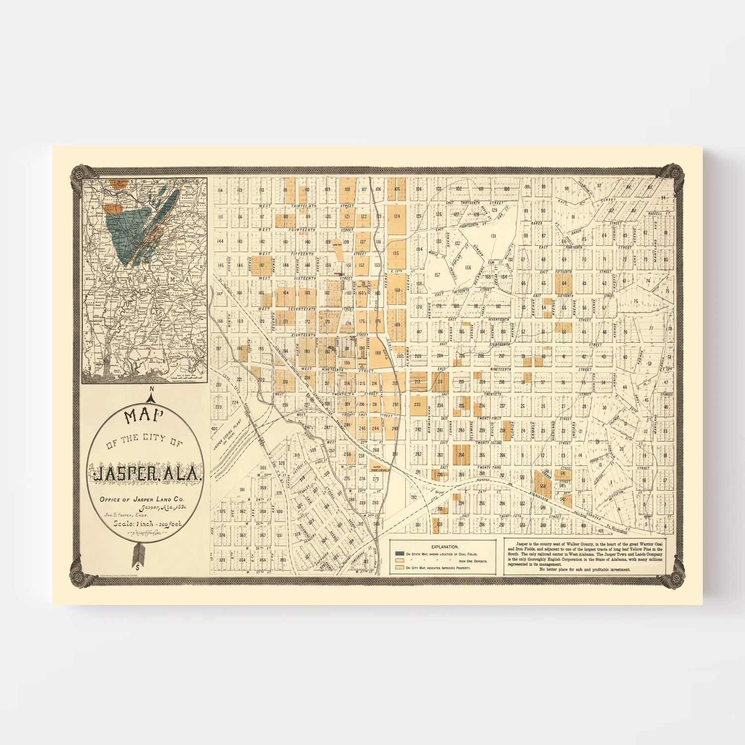 Vintage Map of Jasper, Alabama 1891