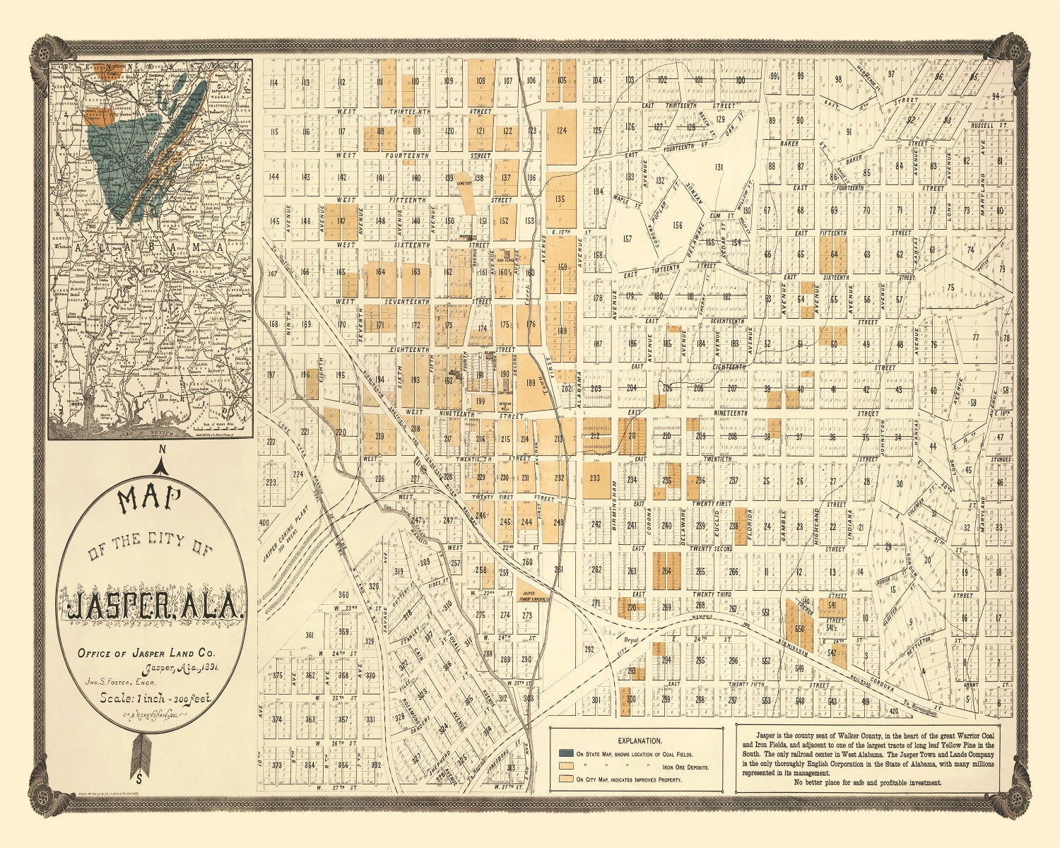 Vintage Map of Jasper, Alabama 1891