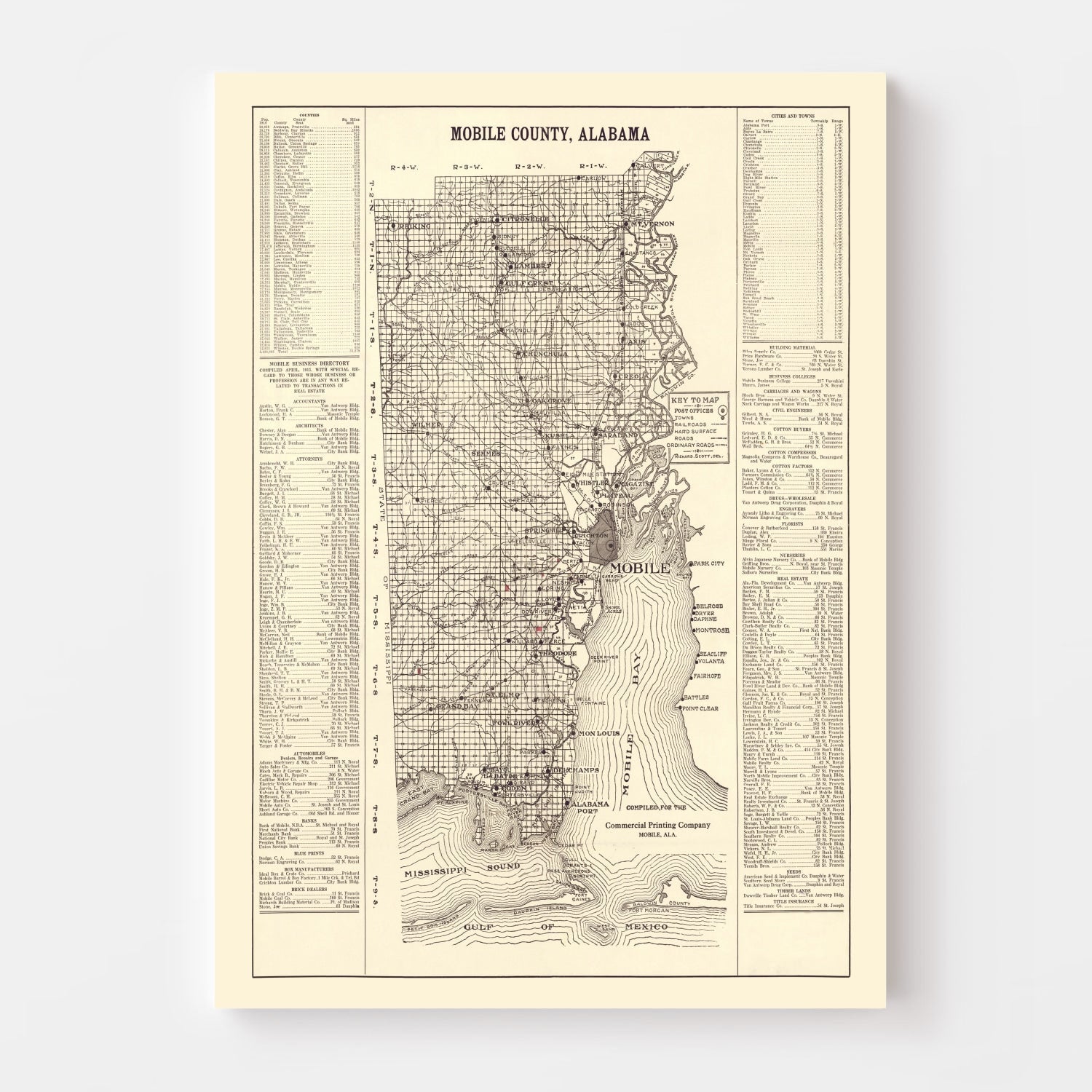 Vintage Map of Mobile County, Alabama 1915