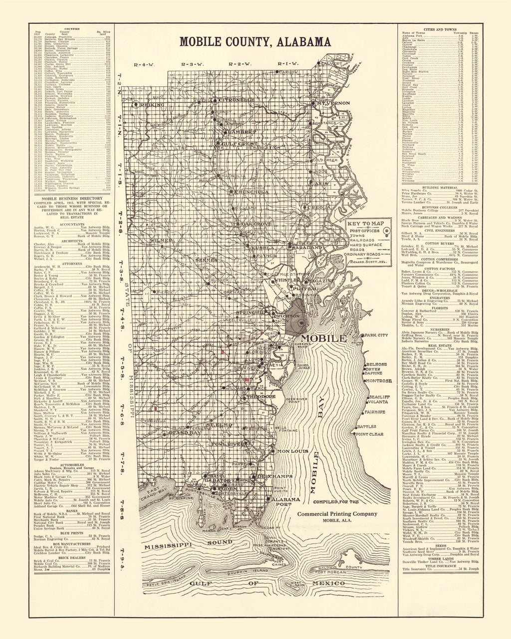 Vintage Map of Mobile County, Alabama 1915