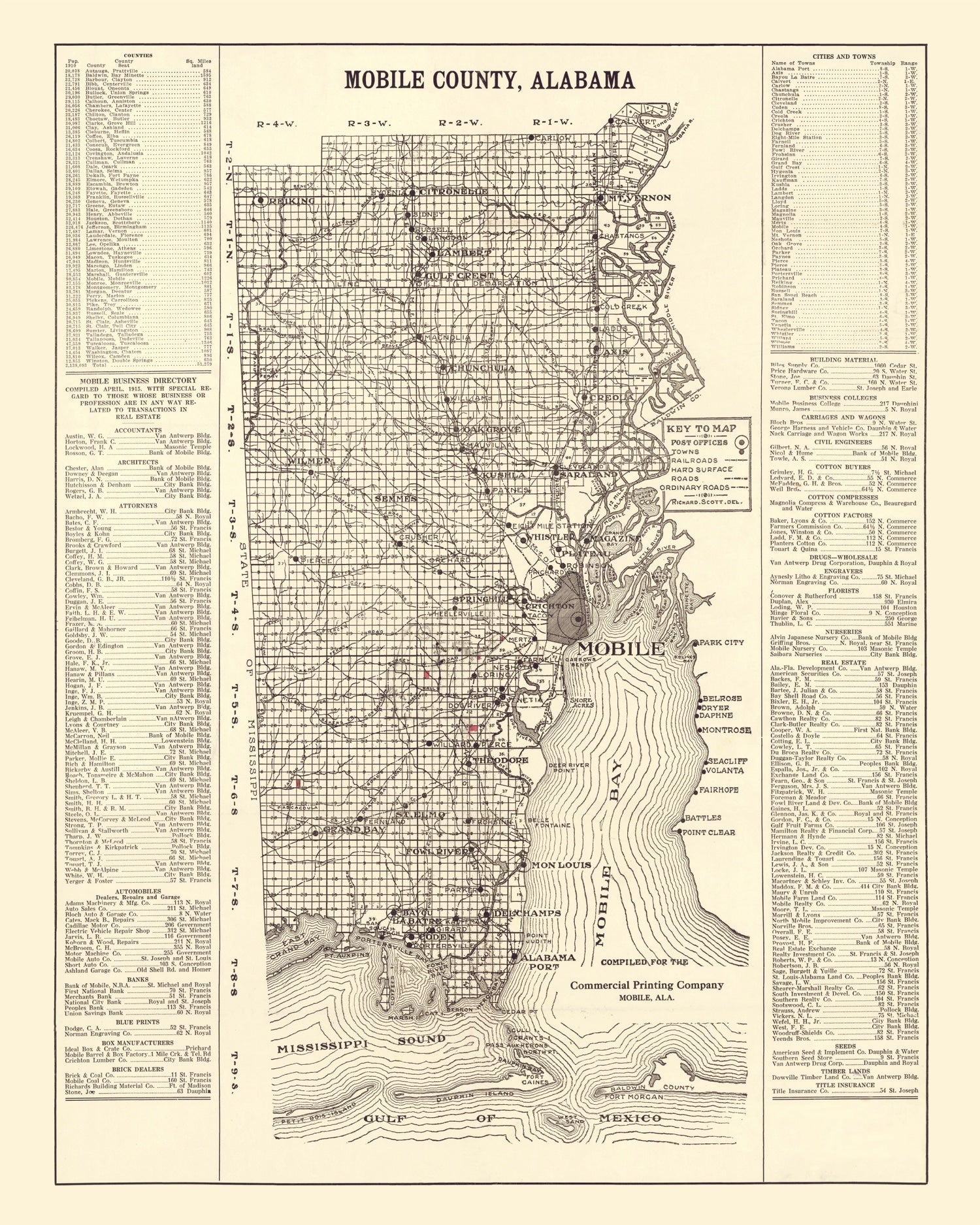 Vintage Map of Mobile County, Alabama 1915