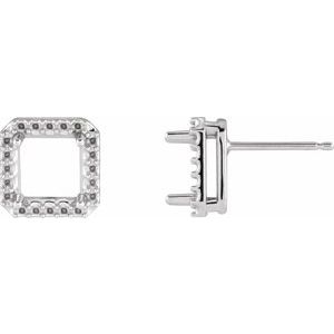 14K White Gold 6x6 mm Square 4-Prong Halo-Style Earring Mounting