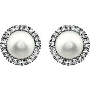 14K White Gold Cultured White Freshwater Pearl & 1/8 CTW Natural Diamond Earrings – image 2