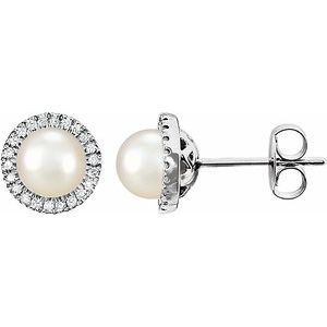 14K White Gold Cultured White Freshwater Pearl & 1/8 CTW Natural Diamond Earrings