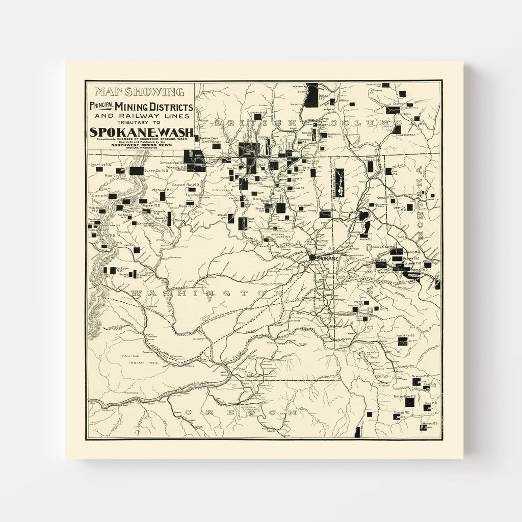 Vintage Map of Spokane Mining Districts, 1909