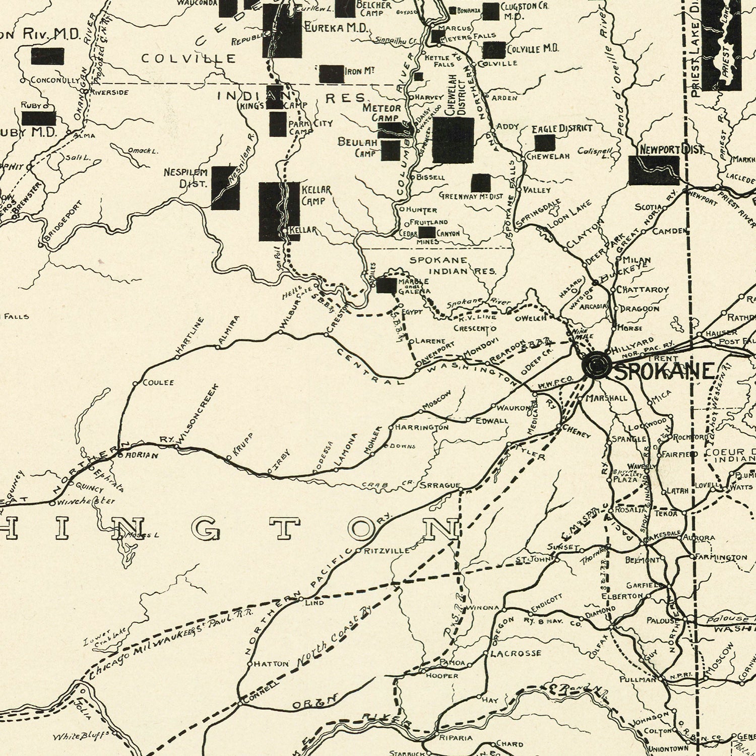 Vintage Map of Spokane Mining Districts, 1909