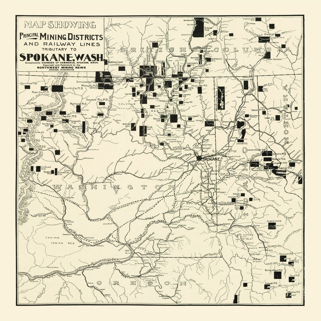 Vintage Map of Spokane Mining Districts, 1909