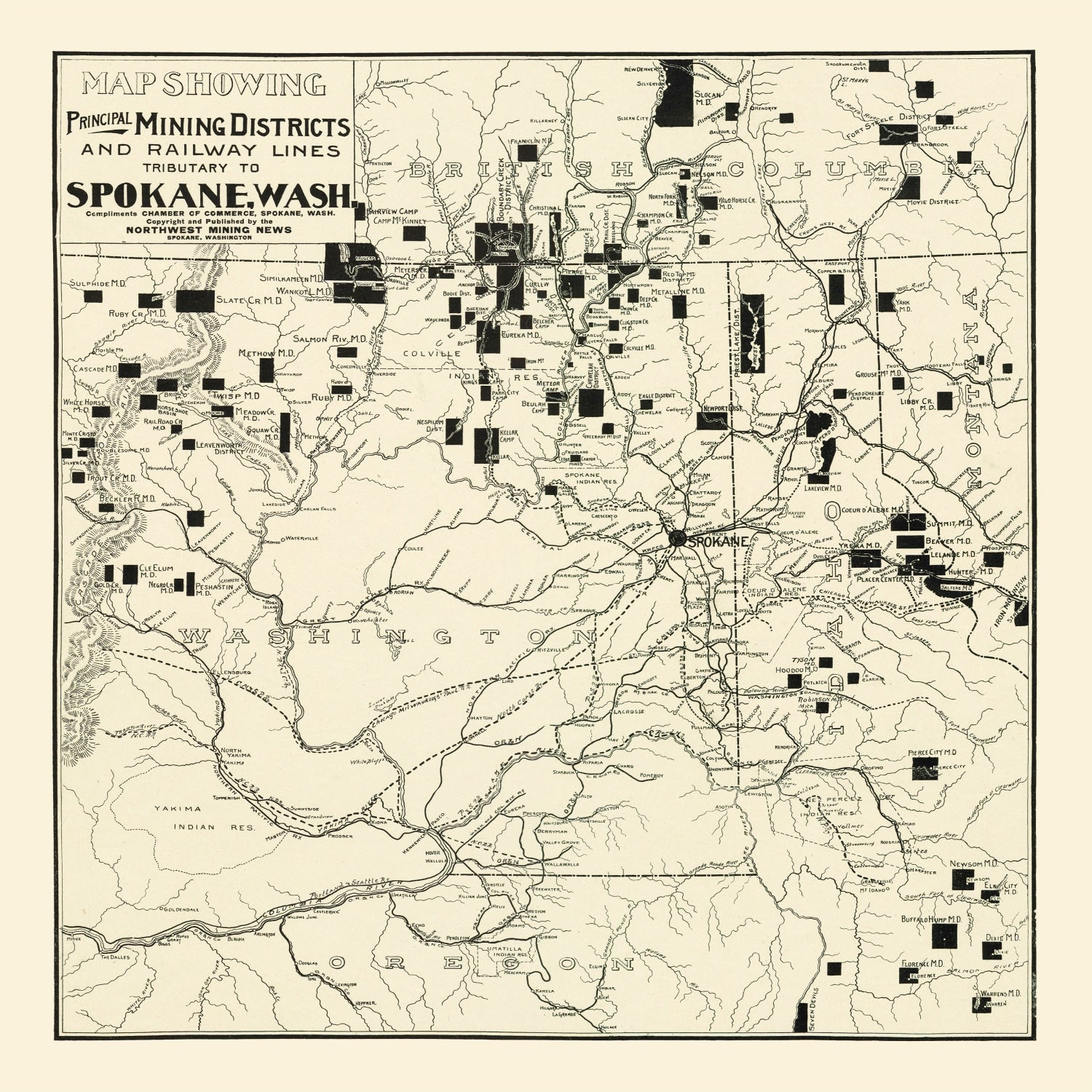 Vintage Map of Spokane Mining Districts, 1909