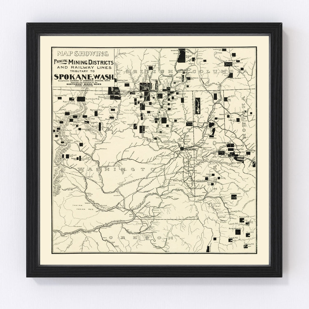 Vintage Map of Spokane Mining Districts, 1909