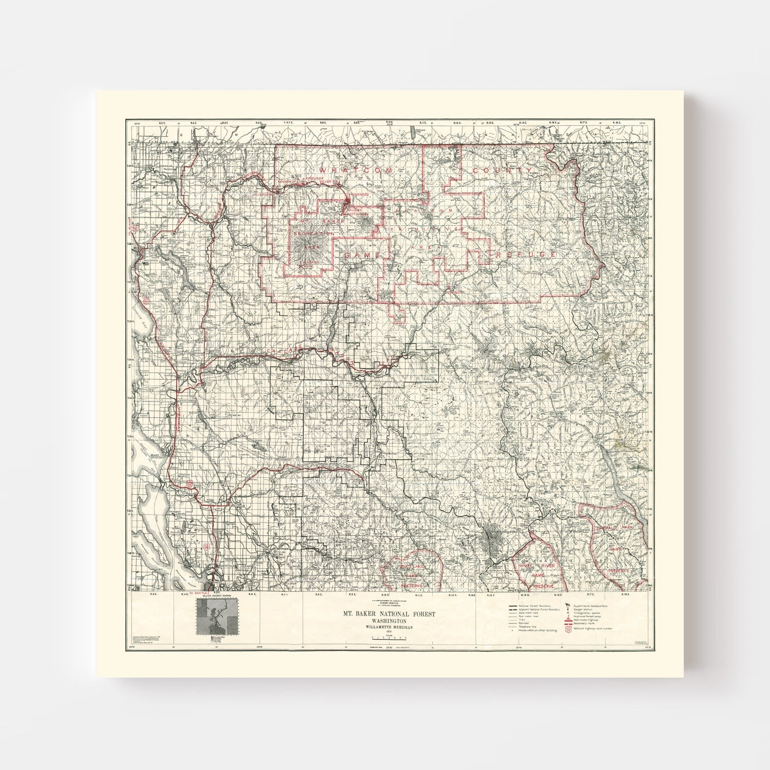 Vintage Map of Mt. Baker National Forest 1931