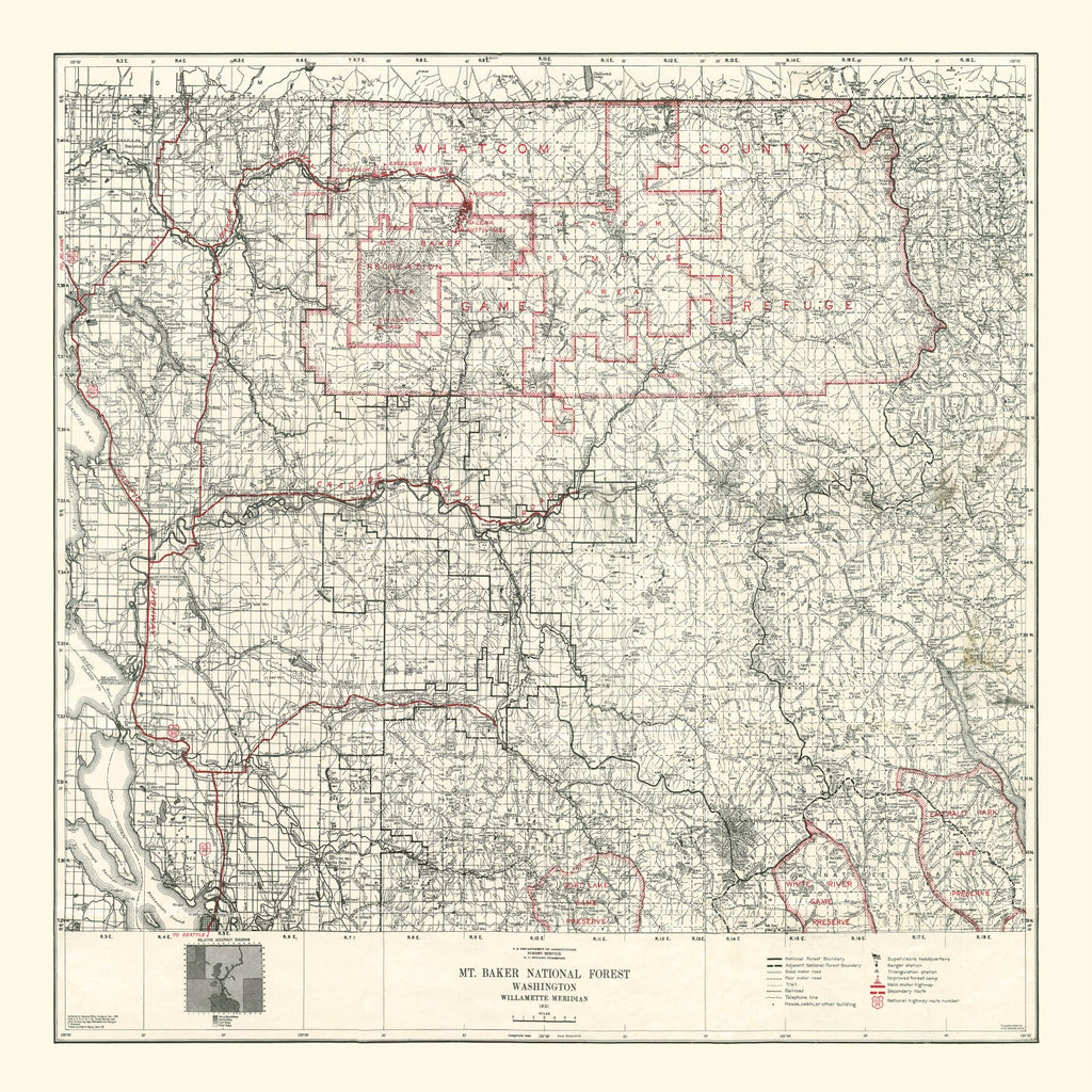 Vintage Map of Mt. Baker National Forest 1931