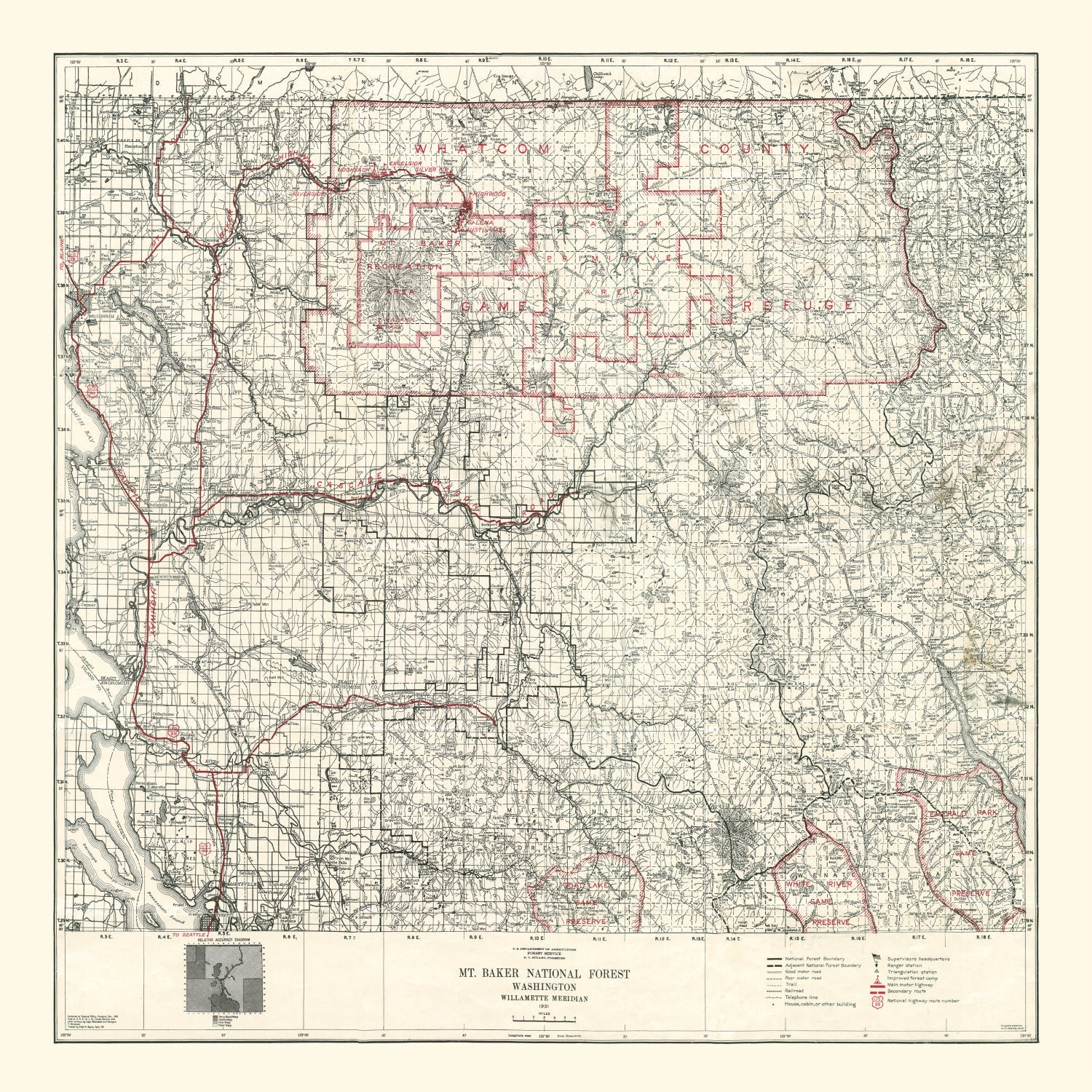 Vintage Map of Mt. Baker National Forest 1931