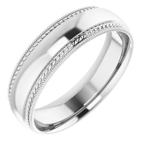 14K White Gold 6 mm Rope & Milgrain Stepped-Edge Comfort-Fit Half Round Band Size 12