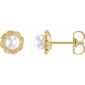 14K Yellow Gold Cultured White Akoya Pearl Leaf Earrings