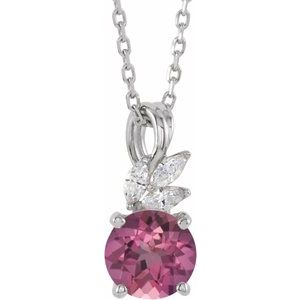 14K White Gold Natural Pink Tourmaline & 1/10 CTW Natural Diamond 16-18" Necklace