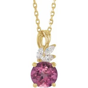 14K Yellow Gold Natural Pink Tourmaline & 1/10 CTW Natural Diamond 16-18" Necklace