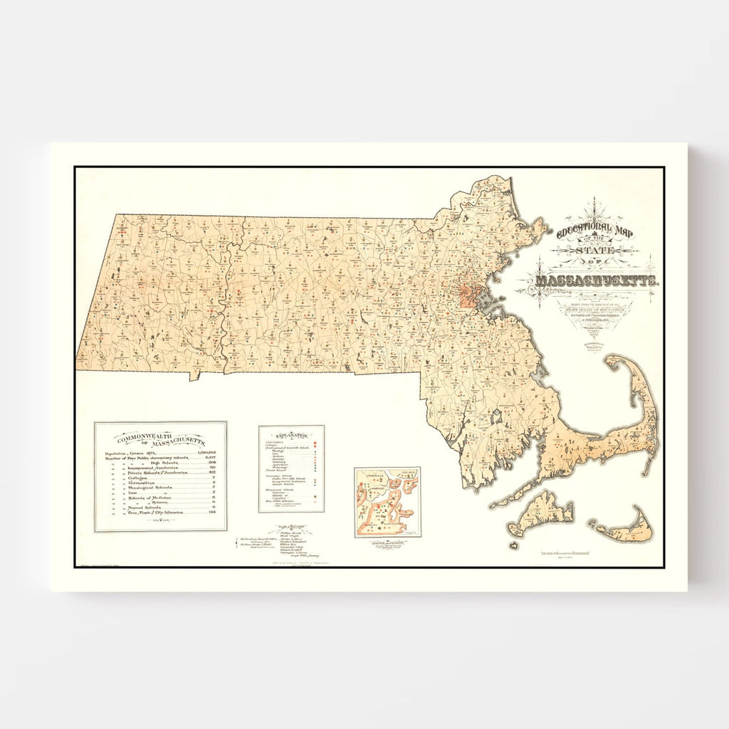 Vintage Map of Massachusetts 1876