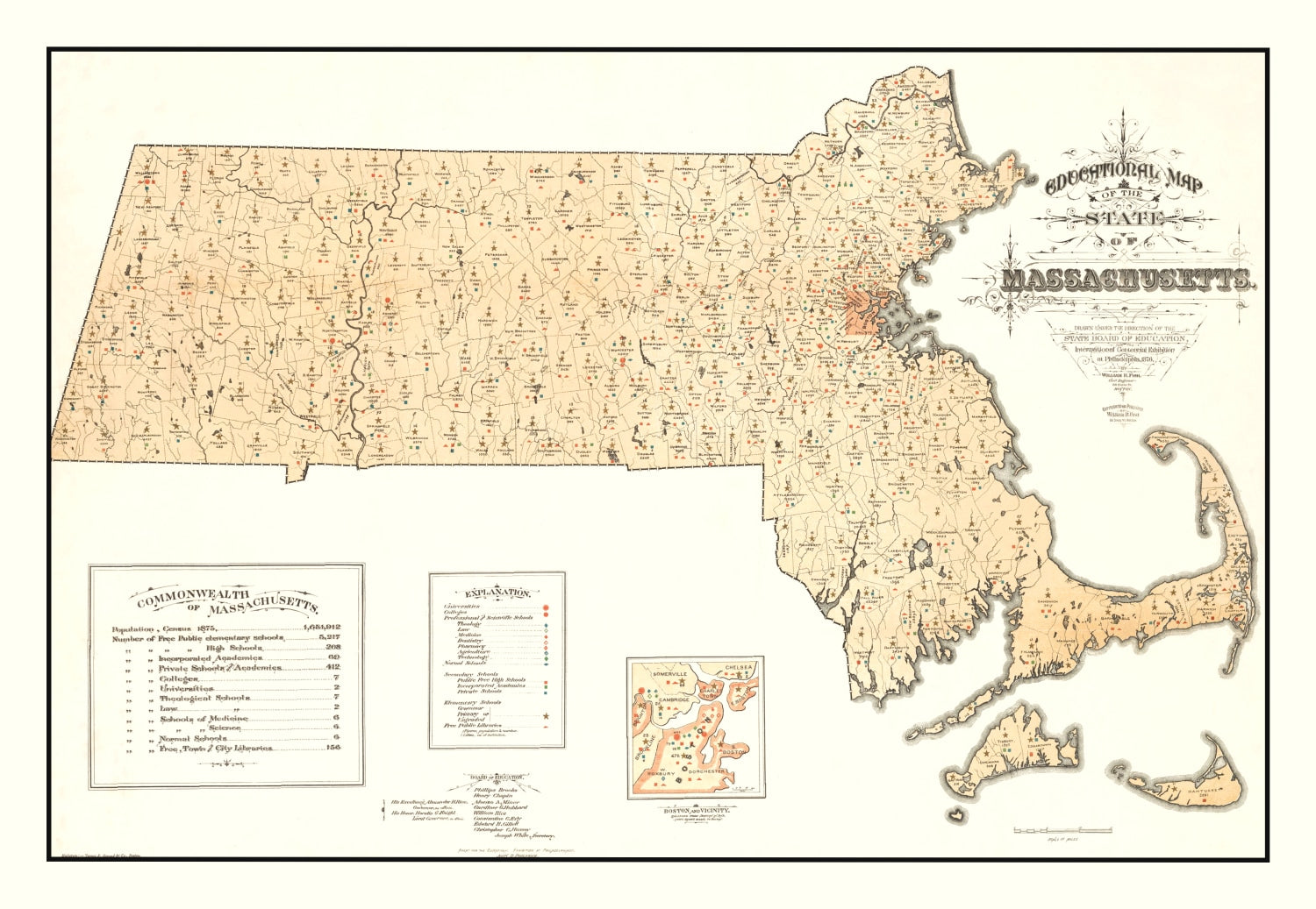 Vintage Map of Massachusetts 1876