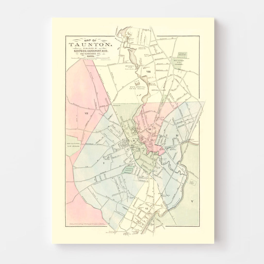 Vintage Map of Taunton, Massachusetts 1874