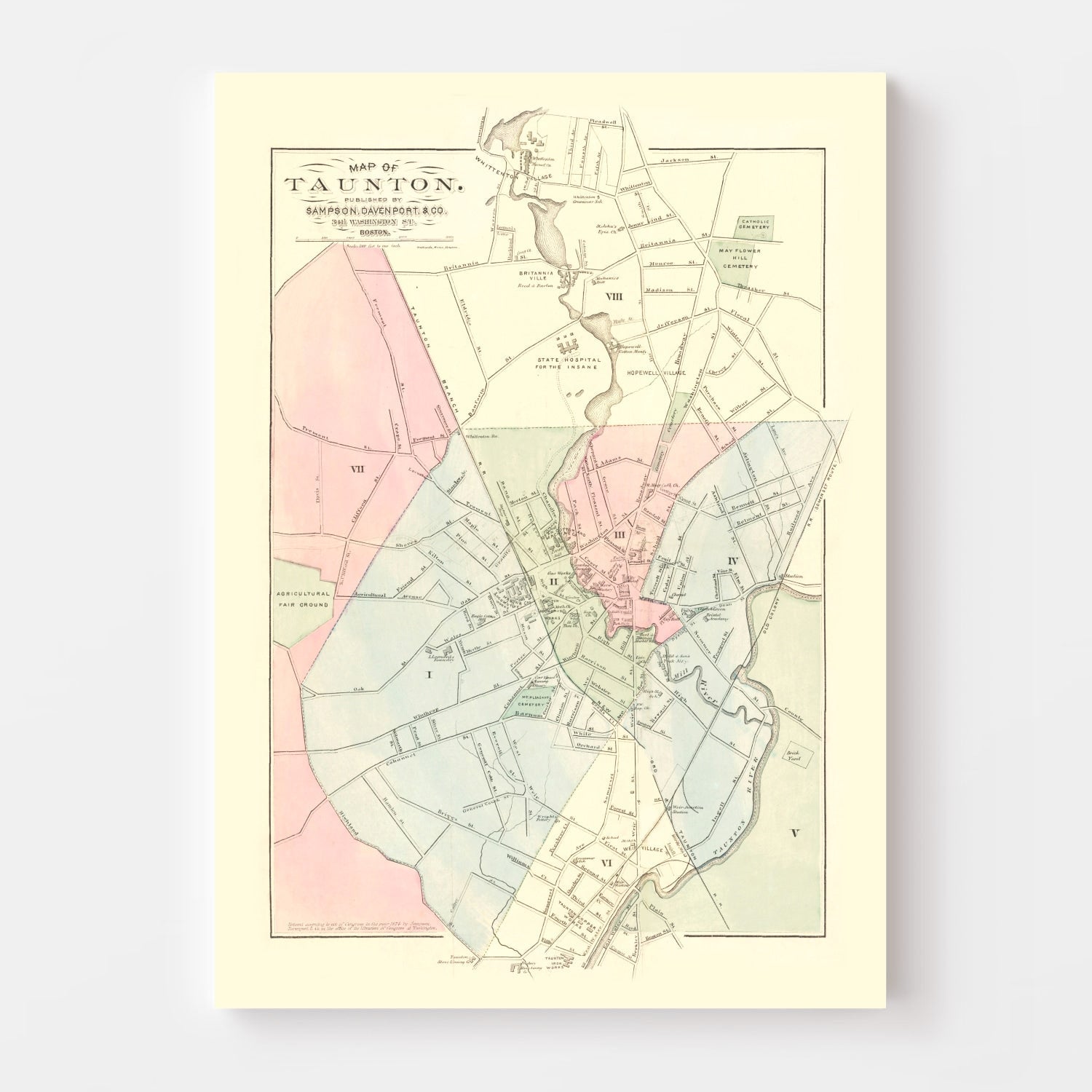 Vintage Map of Taunton, Massachusetts 1874