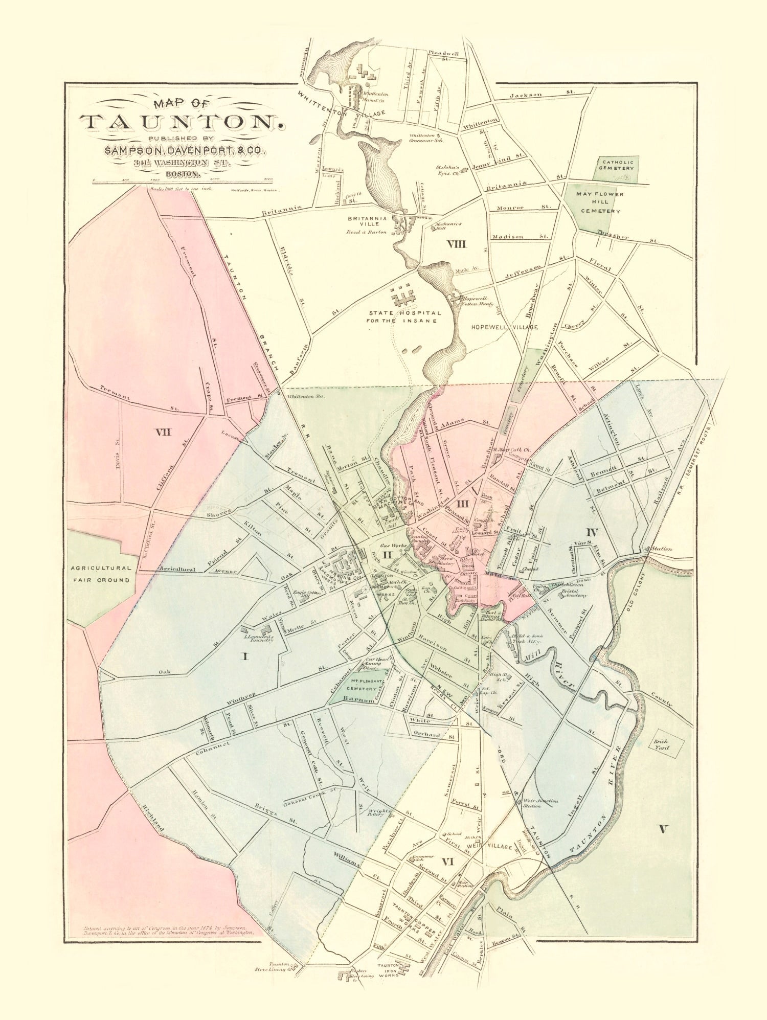 Vintage Map of Taunton, Massachusetts 1874