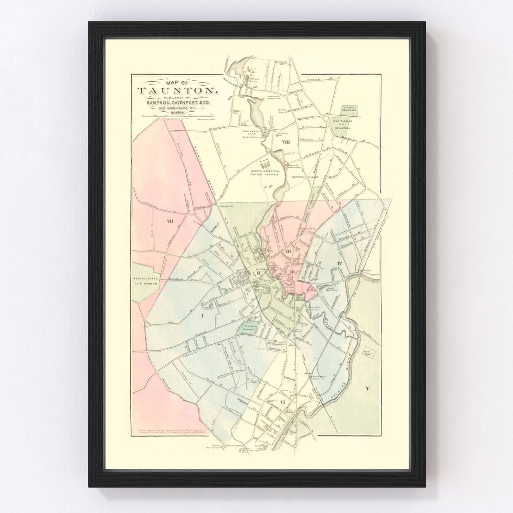 Vintage Map of Taunton, Massachusetts 1874