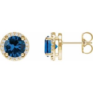 14K Yellow Gold Lab-Grown Blue Sapphire & 1/10 CTW Natural Diamond Halo-Style Earrings