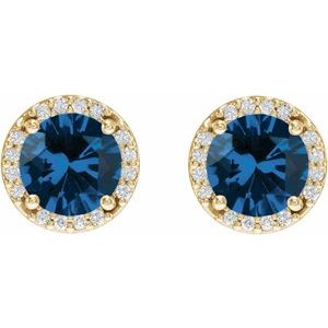 14K Yellow Gold Lab-Grown Blue Sapphire & 1/10 CTW Natural Diamond Halo-Style Earrings – image 2
