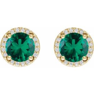 14K Yellow Gold Lab-Grown Emerald & 1/10 CTW Natural Diamond Halo-Style Earrings – image 2