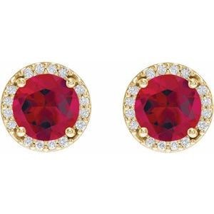 14K Yellow Gold Lab-Grown Ruby & 1/10 CTW Natural Diamond Halo-Style Earrings – image 2