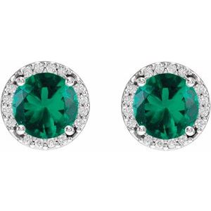 14K White Gold Lab-Grown Emerald & 1/10 CTW Natural Diamond Halo-Style Earrings – image 2