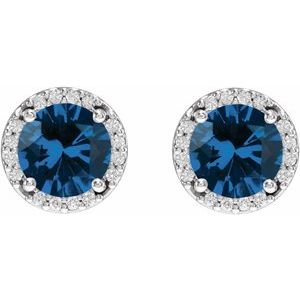 14K White Gold Lab-Grown Blue Sapphire & .05 CTW Natural Diamond Halo-Style Earrings – image 2