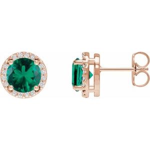 14K Rose Gold Lab-Grown Emerald & 1/10 CTW Natural Diamond Halo-Style Earrings