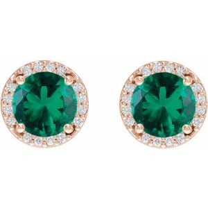 14K Rose Gold Lab-Grown Emerald & 1/10 CTW Natural Diamond Halo-Style Earrings – image 2