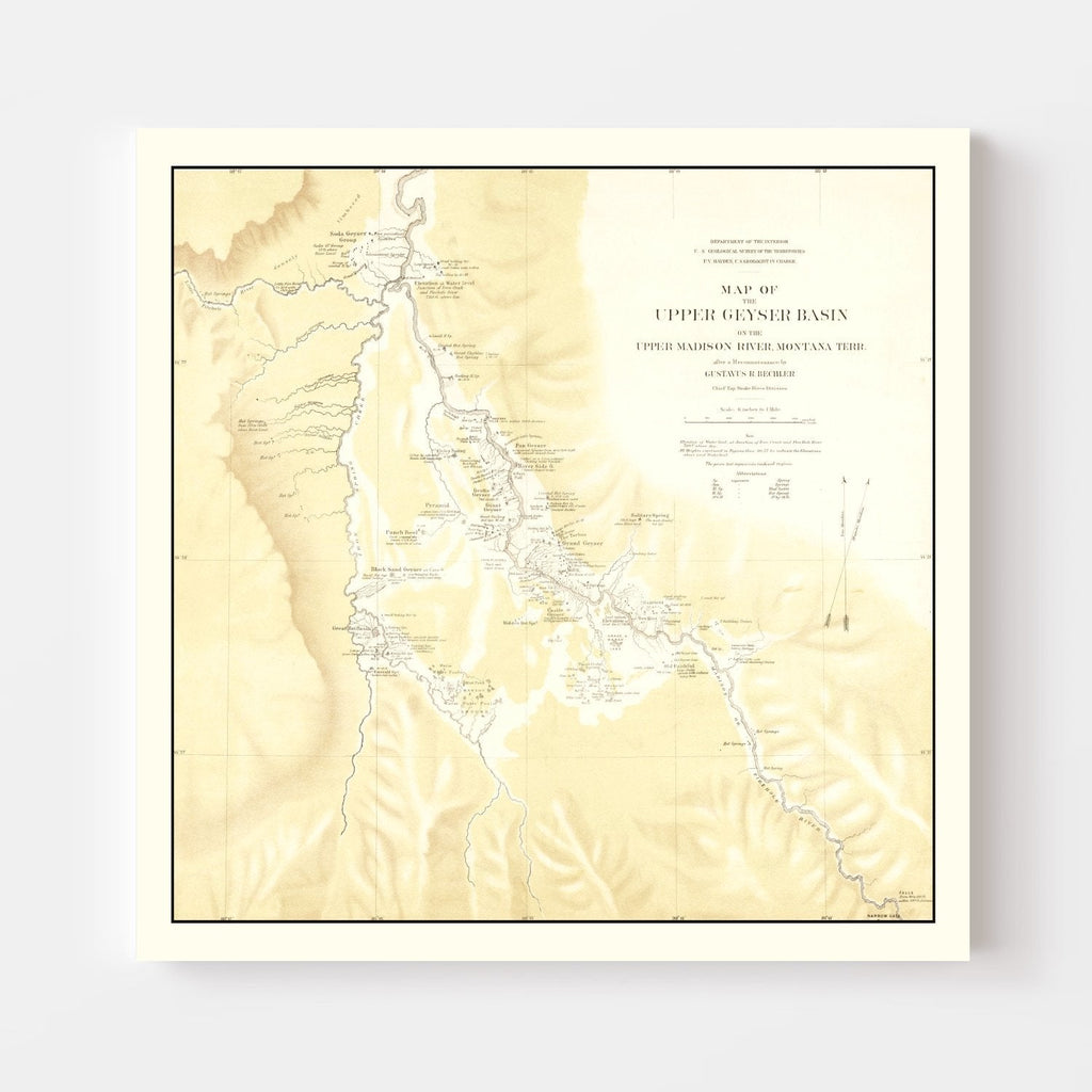 Vintage Map of Upper Geyser Basin on Upper Madison River 1872