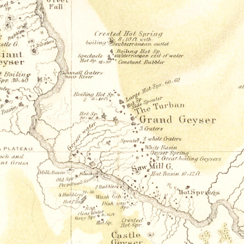 Vintage Map of Upper Geyser Basin on Upper Madison River 1872