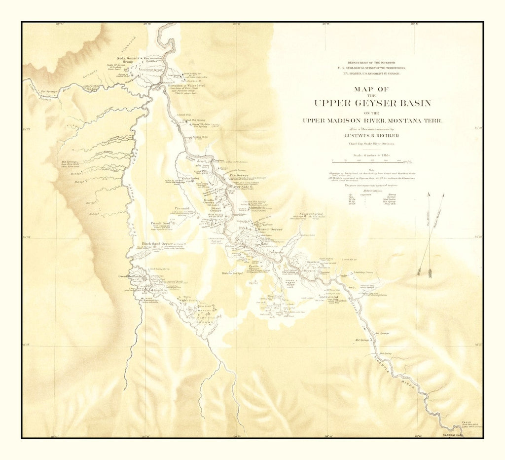 Vintage Map of Upper Geyser Basin on Upper Madison River 1872