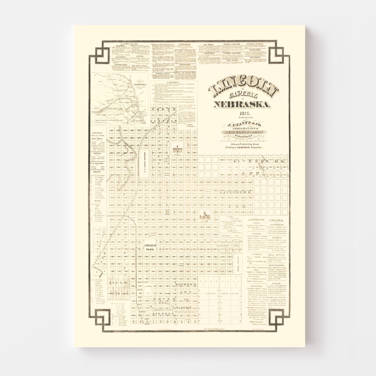 Vintage Map of Lincoln, Nebraska 1871
