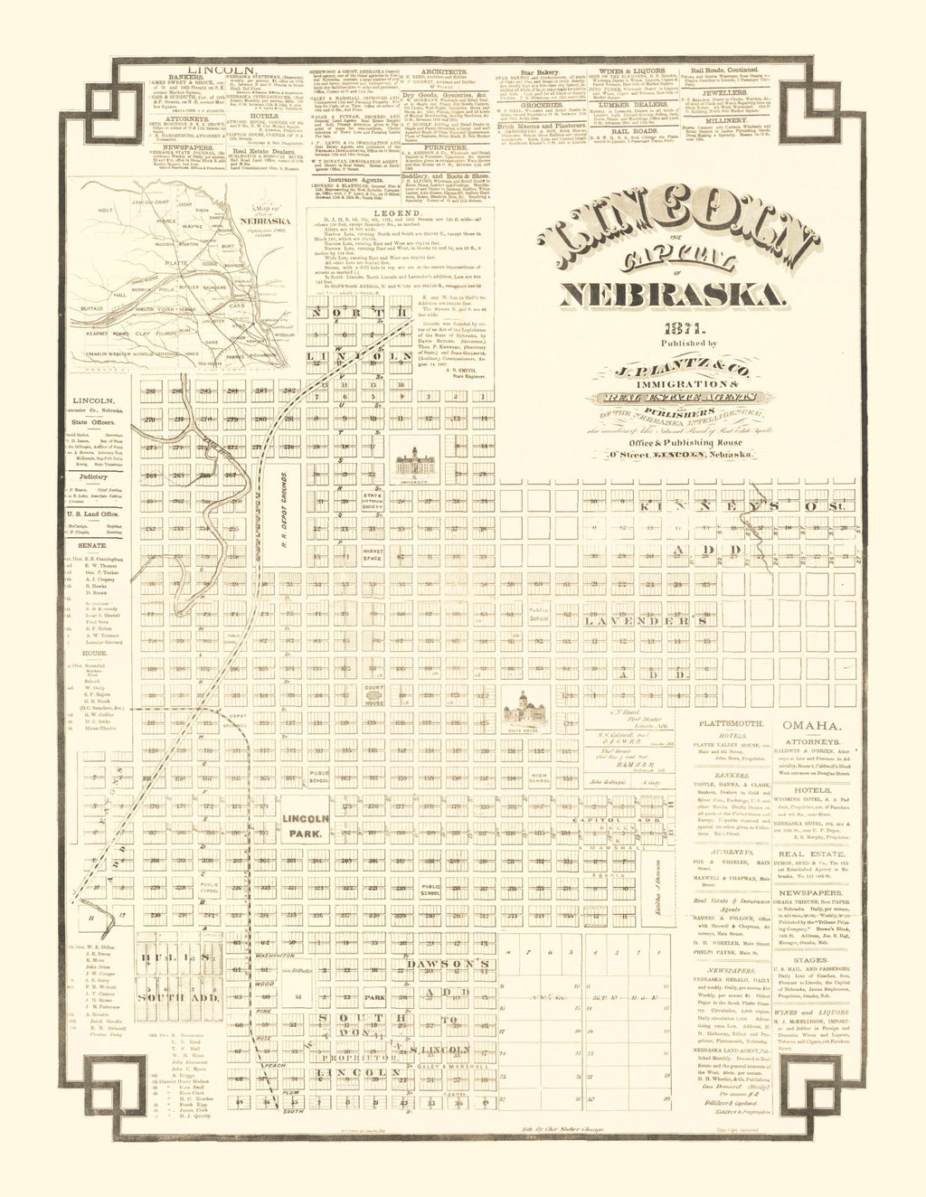 Vintage Map of Lincoln, Nebraska 1871