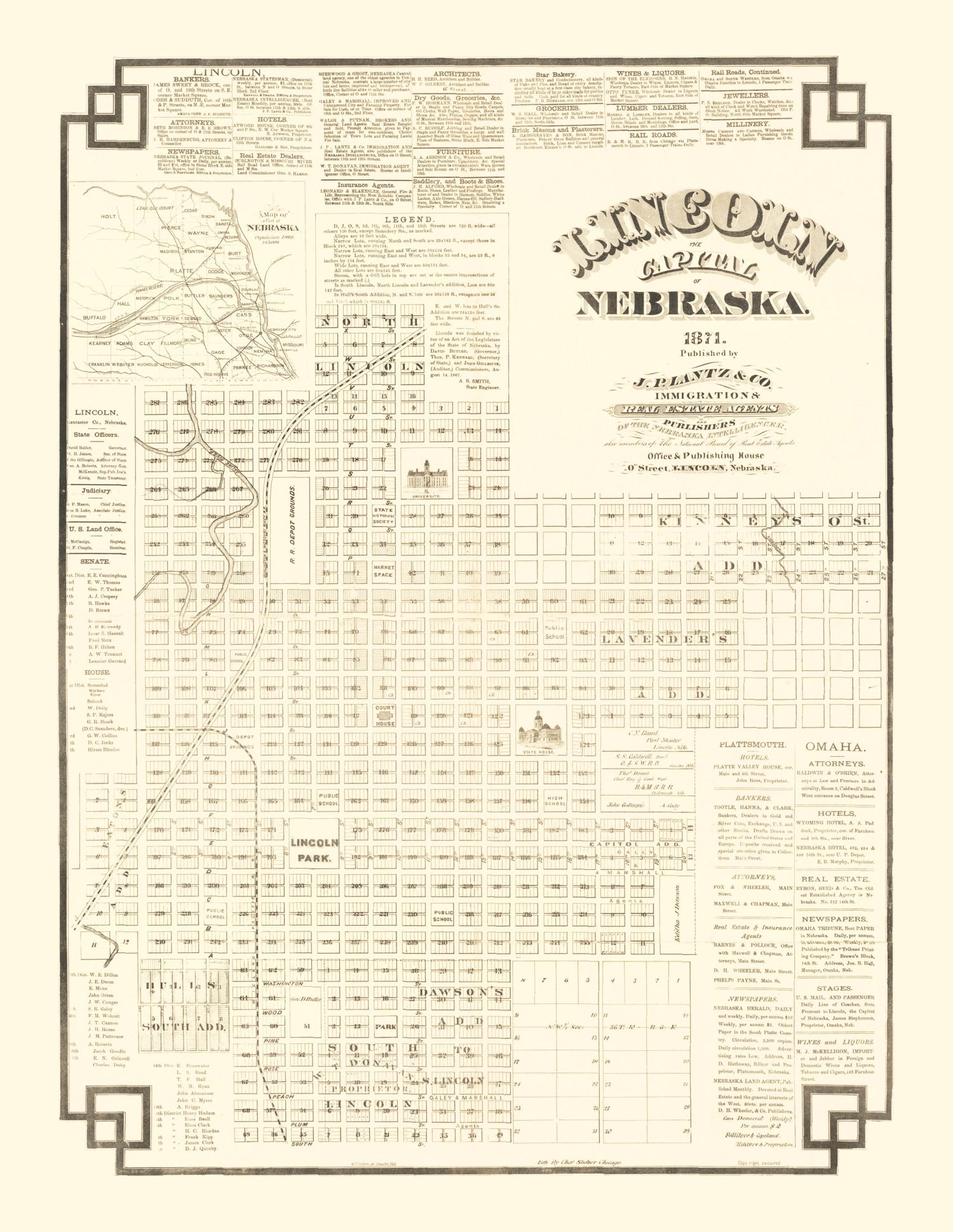 Vintage Map of Lincoln, Nebraska 1871