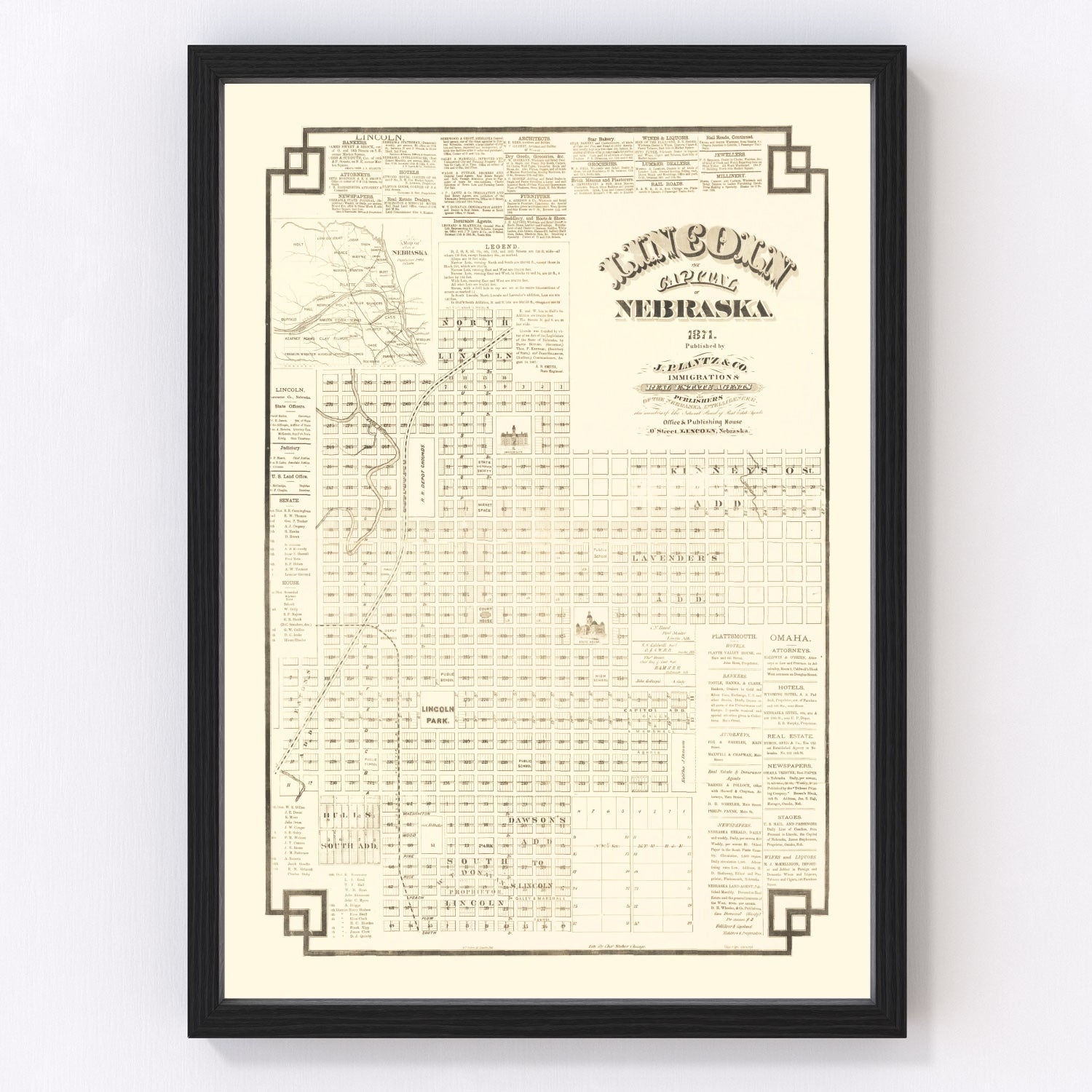 Vintage Map of Lincoln, Nebraska 1871