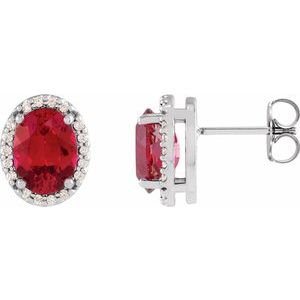 14K White Gold 5x3 mm Lab-Grown Ruby & .04 CTW Natural Diamond Halo-Style Earrings