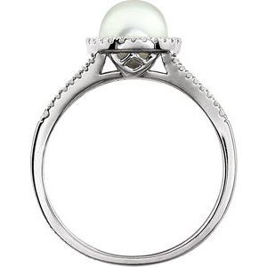 14K White Gold Cultured White Freshwater Pearl & 1/6 CTW Natural Diamond Ring