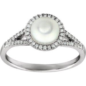 14K White Gold Cultured White Freshwater Pearl & 1/6 CTW Natural Diamond Ring