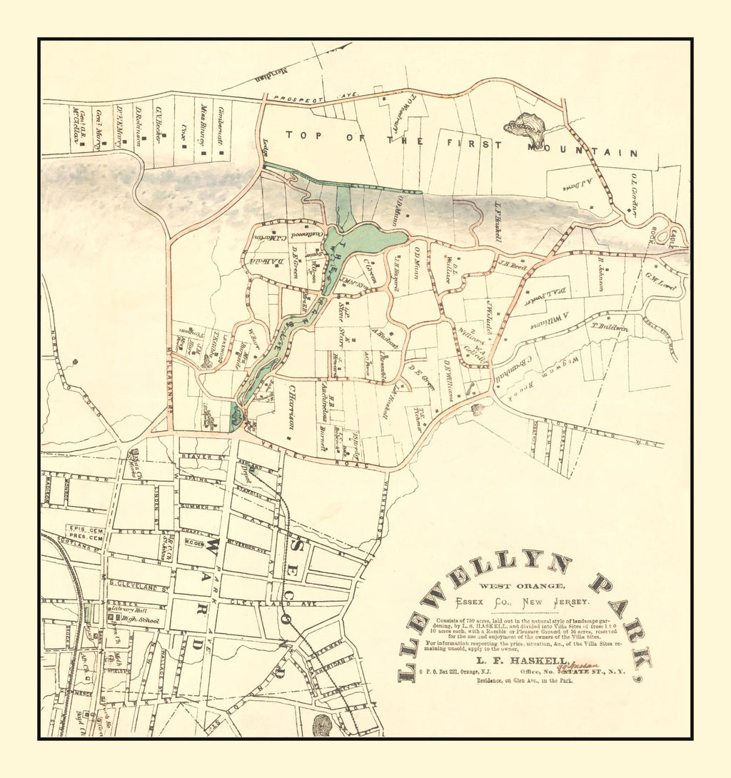 Vintage Llewellyn Park West Orange NJ Map 1870