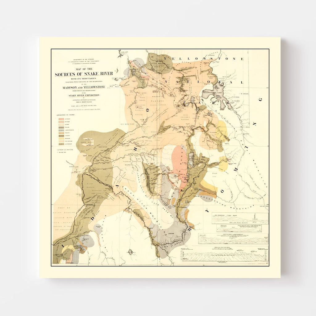 Vintage Map of the Sources of Snake River 1872