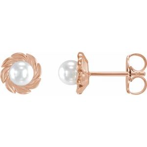 14K Rose Gold Cultured White Akoya Pearl Leaf Earrings