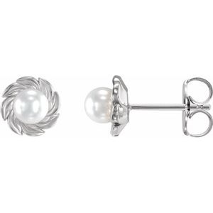 Platinum Cultured White Akoya Pearl Leaf Earrings
