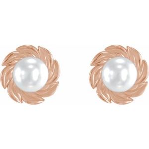 14K Rose Gold Cultured White Akoya Pearl Leaf Earrings
